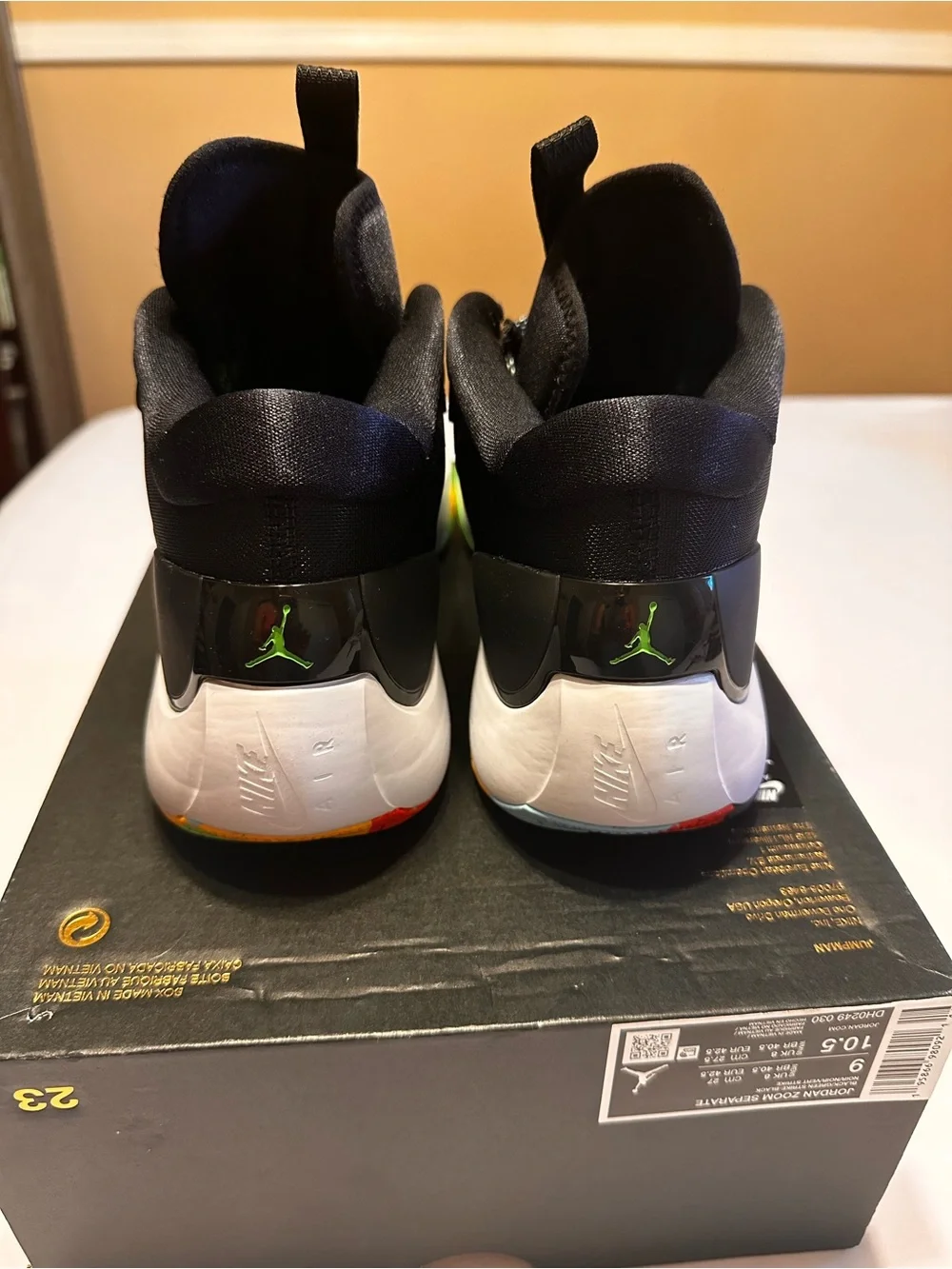 Jordan Men's Black Sneakers with White Toe and Rainbow Midsole Accent Box No Lid